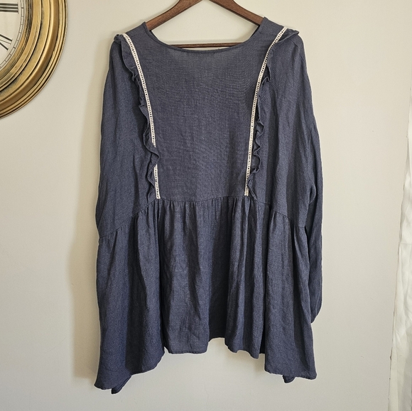 Chambray Eyelet Lace Ruggle Boho Loose Fit Peasant Blouse Western Rodeo Rayon - Picture 2 of 7